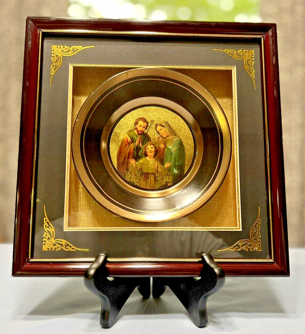 Vintage Holy Family Gold Foil Lithograph Ornate Plate Shadow Box